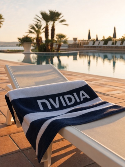 Eine leere Poolliege im Morgenlicht, darauf ein Handtuch mit NVIDIA-Schriftzug &mdash; die Liege ist reserviert, bevor jemand da ist.