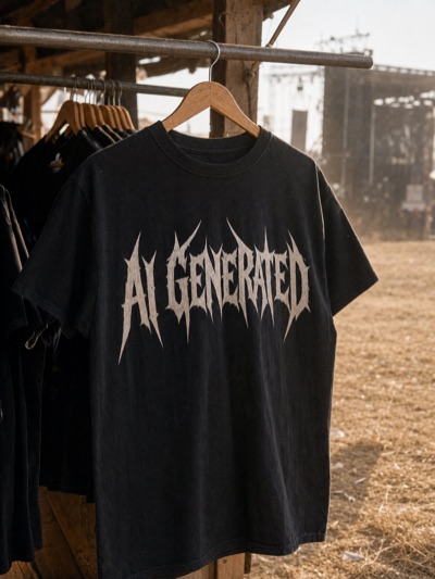 Ein schwarzes Bandshirt h&auml;ngt an einem staubigen Festival-Merchstand &mdash; statt eines Bandnamens steht in zackigen Metal-Lettern AI GENERATED darauf.