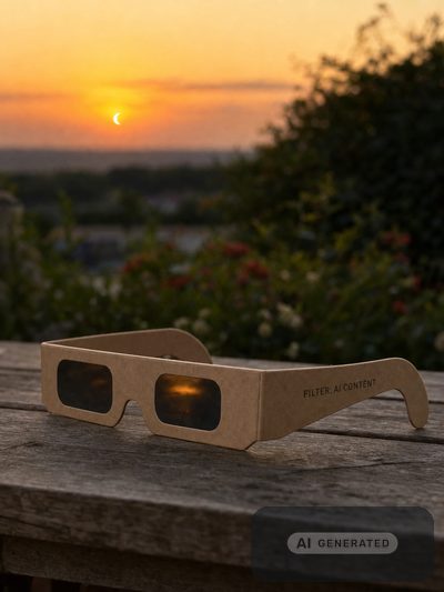 Eine Sonnenfinsternisbrille aus Pappe liegt auf einem Gartentisch, auf dem B&uuml;gel steht FILTER: AI CONTENT &mdash; im Hintergrund die verdeckte Sonne als schmale Sichel.