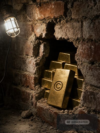 Eine aufgestemmte Kellerwand aus altem Ziegel, im Hohlraum ein Stapel Goldbarren &mdash; der vorderste tr&auml;gt als einzige Pr&auml;gung ein Copyright-Zeichen.