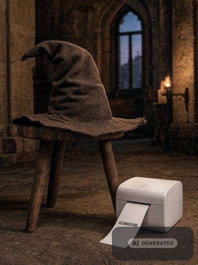 Ein alter, zerschlissener spitzer Zauberhut auf einem Holzschemel in einer d&uuml;steren Halle &mdash; daneben druckt ein Etikettendrucker einen Streifen mit dem Wort SUCHMASCHINE.