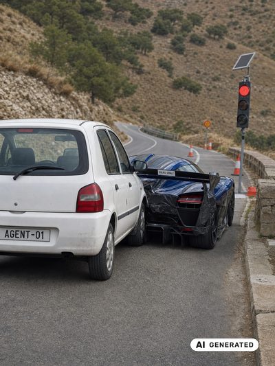 Ein wei&szlig;er Kleinwagen mit dem Kennzeichen AGENT-01 klebt am Heck eines getarnten Millionen-Sportwagens &mdash; auf dessen Heckfl&uuml;gel ein Aufkleber: READ ONLY.