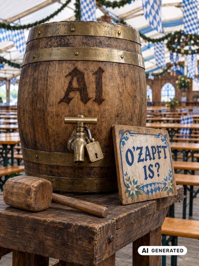 Ein Holzfass mit eingebranntem AI-Schriftzug auf dem Anstichbock im leeren Festzelt &mdash; der Zapfhahn ist mit einem Vorh&auml;ngeschloss gesichert, daneben lehnt ein Schild: O&rsquo;ZAPFT IS?