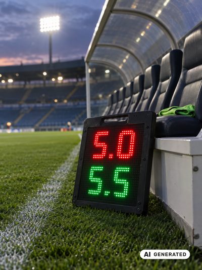 Eine LED-Auswechseltafel lehnt am Spielfeldrand an der leeren Trainerbank im Flutlicht &mdash; oben leuchtet in Rot 5.0, unten in Gr&uuml;n 5.5: ein Modellwechsel wie beim Fu&szlig;ball