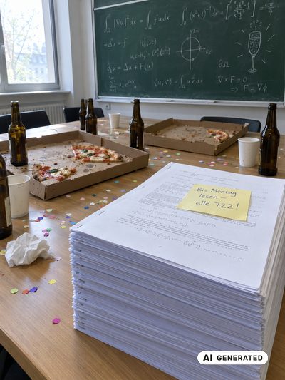 Seminarraum am Morgen nach der Nobelpreis-Feier: leere Pizzakartons, Bierflaschen, Konfetti, Formeln an der Tafel &mdash; und vorn ein kniehoher Stapel ausgedruckter Manuskripte mit gelbem Zettel: Bis Montag lesen &mdash; alle 722!